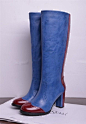 2012欧美大牌街头风新款真皮高跟8CM拼色宝蓝色时尚女骑士高筒靴@北坤人素材