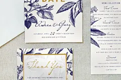金色&amp;海军蓝手绘图案插画婚礼邀请函设计模板 Gold &amp; Navy Wedding Invitation Suite - 设汇