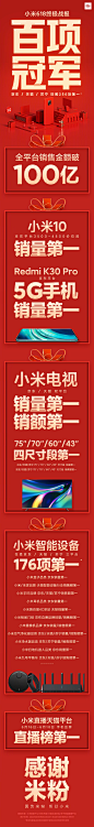 2020#小米618#终极战报出炉！小米全平台销售金额破100亿，狂揽256项第一！

① 小米10斩获京东平台3500-4500价位段销量第一，Redmi K30 Pro 勇夺京东平台5G手机销量第一；
②小米电视包揽京东/天猫销量销额双第一；
③小米智能设备一骑绝尘，狂揽176项第一。

因为米粉，所以小米，感谢所有米粉的支持 ​​​​...展开全文c