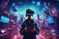 虚拟场景赛博朋克几何VR眼镜人物插画图片