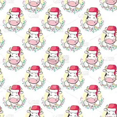 无缝模式与卡通公牛在圣诞老人的帽子。矢量插图。