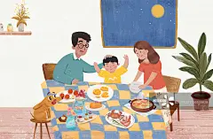 中秋节,全家福,螃蟹,插画,父母正版图片素材