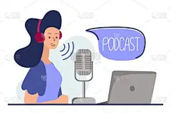 播客概念。一个关于播客的例子。一个女孩对着话筒说话，坐在桌旁。时尚的平面矢量 