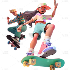 通用3D时尚感卡通感插画狂欢滑板人物双人多人贴纸