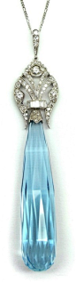 Early Art Deco briolette cut aquamarine and diamond pendant, French c.1920. S.J. Phillips Ltd.