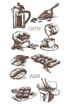 手绘素描咖啡寿司元素