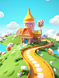 Seaside, bouncy castle, spinning road, C4D, cartoon style 3D rendering, clay texture, clear sky, macaron colors, octane rendering, fantasy engine, ray traced reflections, global illumination, cute style.