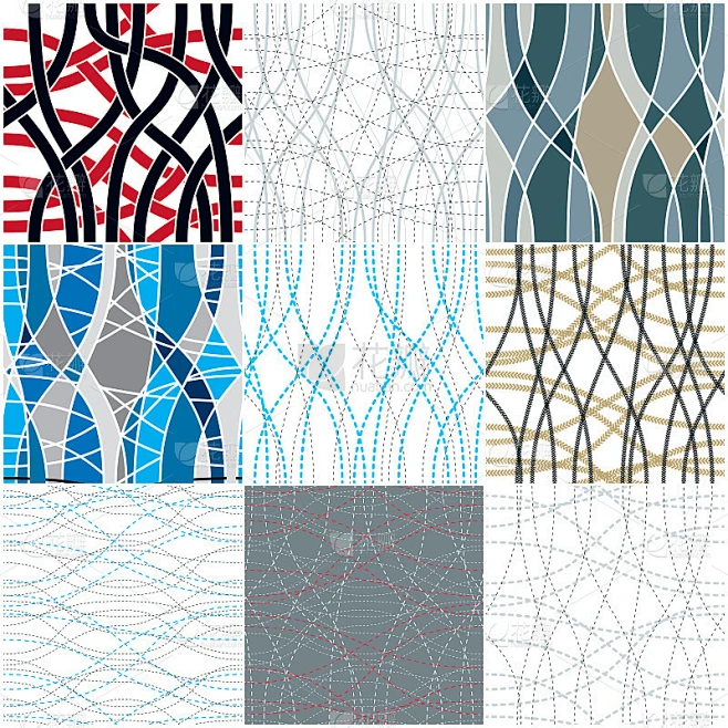 Curve wavy lines seamless patterns set, vector rep素材-花瓣网