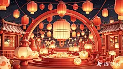 元宵节，夜晚，红色场景，暖色，花灯，唯美场景，只有场景，插画风格，8K，毛毡效果，大师级构图 (2)