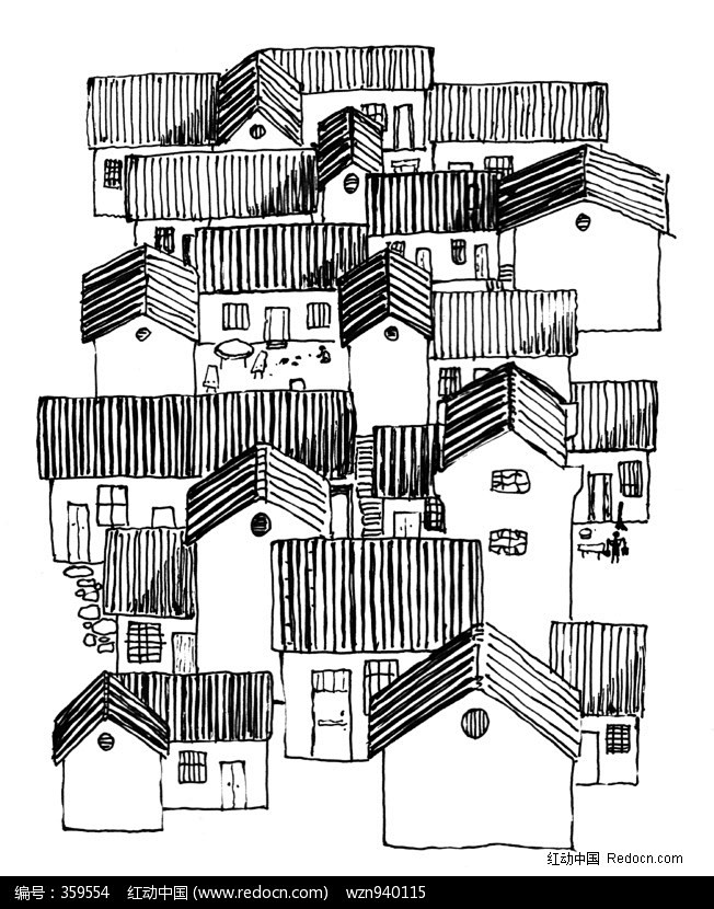 黑白插画-农家小院图片，矢量图案，抽象插...