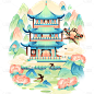 春天春季春日幻彩国潮风中式建筑山水场景组合元素素材