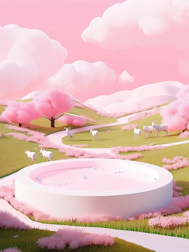 田野里有一个云和草的粉红色广场，具有逼真...