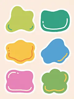 极简手绘涂鸦风格插画，浅色背景上排列6个不同配色、不同样式、不同材质的不规则图形造型，分上下两行对齐排列，每个图形边缘有白色描边，色彩明快鲜亮，线条圆润流畅，整体呈现轻松活泼的视觉效果，图形造型富有变化，材质感通过色彩浓淡和边缘处理区分，画面简洁干净，视觉焦点突出。