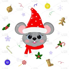 可爱的,圣诞帽,新年前夕,卡通,蓝色眼睛,鼠,围巾,老鼠,矢量