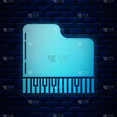 霓虹灯格兰德钢琴图标孤立在砖墙背景上。乐器。矢量图