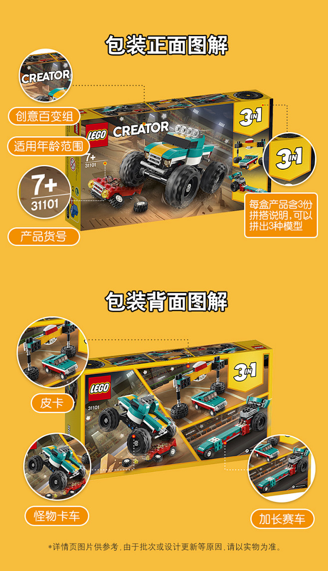 乐高三合一系列31101巨轮越野车积木拼...