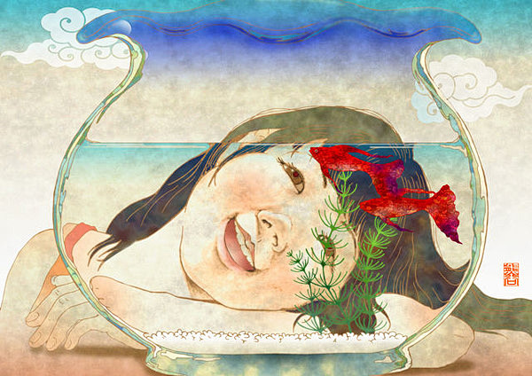 唯美插画之人与自然 女孩 金鱼 鱼缸 