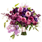 碧昂丝风格的婚礼细节：紫色和粉红色的婚礼花束茛，丁香，和clematises的