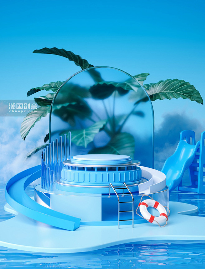 蓝色c4d夏日夏天清凉节电商产品展台背景...