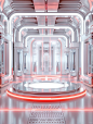 A simple sci-fi style design, high-end futuristic sense. In the middle, there is a circular display stage with technological elements, decorated with white light effects. Geometrical shapes made of glass materials similar to laboratory equipment. Lab styl