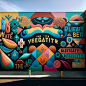 An image of a big mural made of different shapes and colors, each shape and color representing the diversity of the community, and a message written on the mural that says "Together we create beauty"