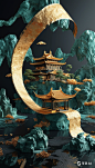 9x16_漂浮卷轴上的山水建筑_弯曲的卷轴_3D_金箔质感_黑金质感_金色 (2)