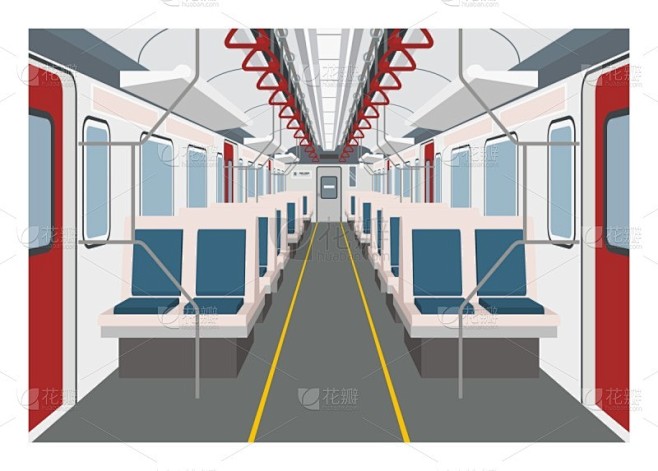视角,通勤者,绘画插图,极简构图,透视图,列车内部,旅途,市郊火车,空的,交通工具内部