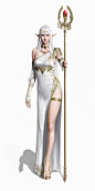 General 1920x3838 Yongwon Park drawing women elves silver hair long hair straight hair bangs jewelry hair accessories staff gems ruby dress white clothing gold shoes high heels priestess simple background white background