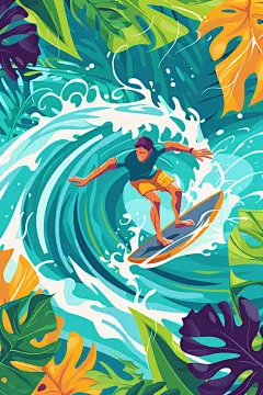 扁平风冲浪戏水夏天插画