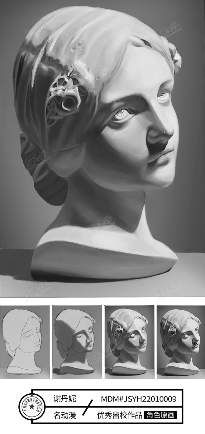 少女侧面石膏像-名动漫角色基础班素描阶段大作业：同学们通过学习素描理论结合对结构透视，光影，空间的理解创作的临摹石膏的素描练习。基础很重要 ...