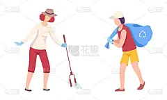 男志愿者和女志愿者在回收向量集的袋子里收集垃圾