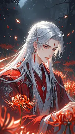 彼岸花海，火，破碎感，一个男人，披散着银色长发，（长长的）披肩发，血色红衣，古风美男，带发饰，带耳环，项链。全身远景。荧光，冷光，大师杰作，史诗级玄幻场景，渲染，动漫风格，漫画风，彩铅画，3D，8K，逼真，瓷白皮肤，构图合理有层次。