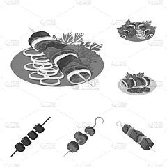 分离着色,炊具,标志,一个物体,牛排,蔬菜,肉,布置,收集,午餐