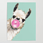 Bubble Gum Sneaky Llama in Green Poster