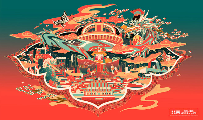 中国北京 中国风 中式 北京 商业插画 国潮 国风 城市插画 天坛 故宫-花瓣网