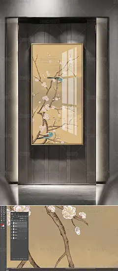 中国风手绘工笔花鸟玄关背景墙装饰画