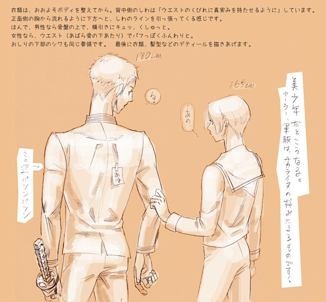 「[鉛筆描き] 背中向きの男女描き分け」...