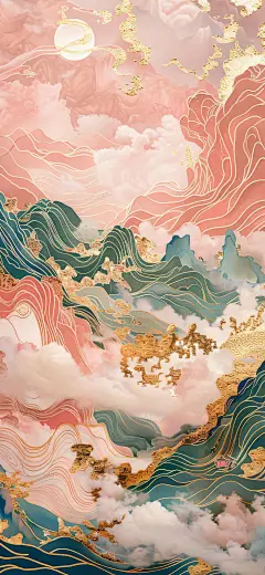 粉蓝配色山峦云海国风壁纸