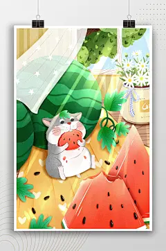 吃西瓜的小仓鼠手绘插画