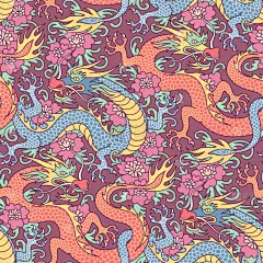 龙,仅一朵花,轮廓,亚洲,传统,红色,粉色,幻想,纺织品,飞