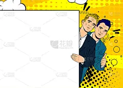 两个英俊的商人在空空的大横幅后面