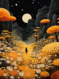 富有想象力的奇幻风景插画海报金黄色蘑菇
