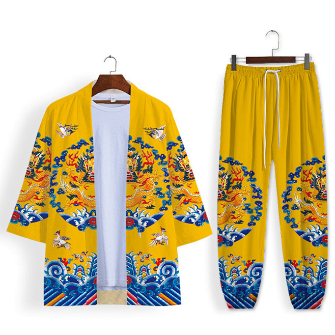 中国风复古黄色外套男龙袍套装古风道袍汉服...