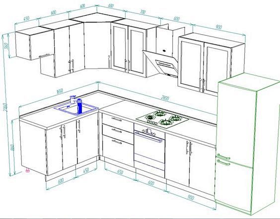 L型厨房橱柜布局尺寸图。