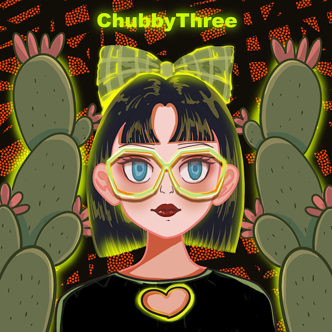 插画头像绿色酷炸女生仙人掌