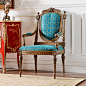 奇居良品法式新古典进口白榉木家具手工雕花蓝色带扶手餐椅书椅-淘宝网