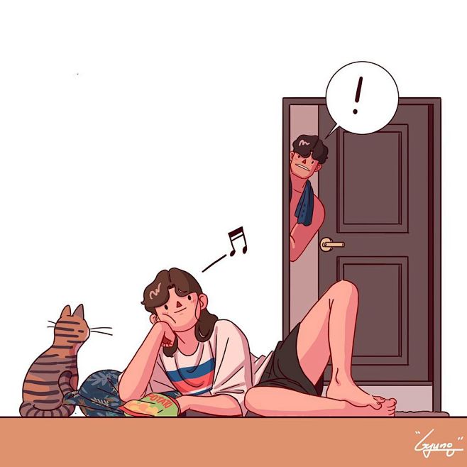 洗澡衣服被偷走-侧坐 托腮 猫背 趴门上