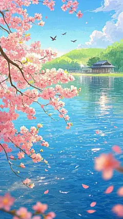 湖边樱花