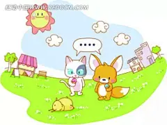 吃冰激凌的小猫和狐狸冰激凌|草地|动物|动物图片|房子|卡通动物|卡通人物|卡通人物图片|漫画|漫画人物|晴天|人物素材|人物图片|矢量人物|矢量素材|手绘|太阳|小狗|小猫咪