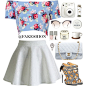 A fashion look from September 2014 featuring blue crop top, white circle skirt and blossom footwear. Browse and shop related looks.